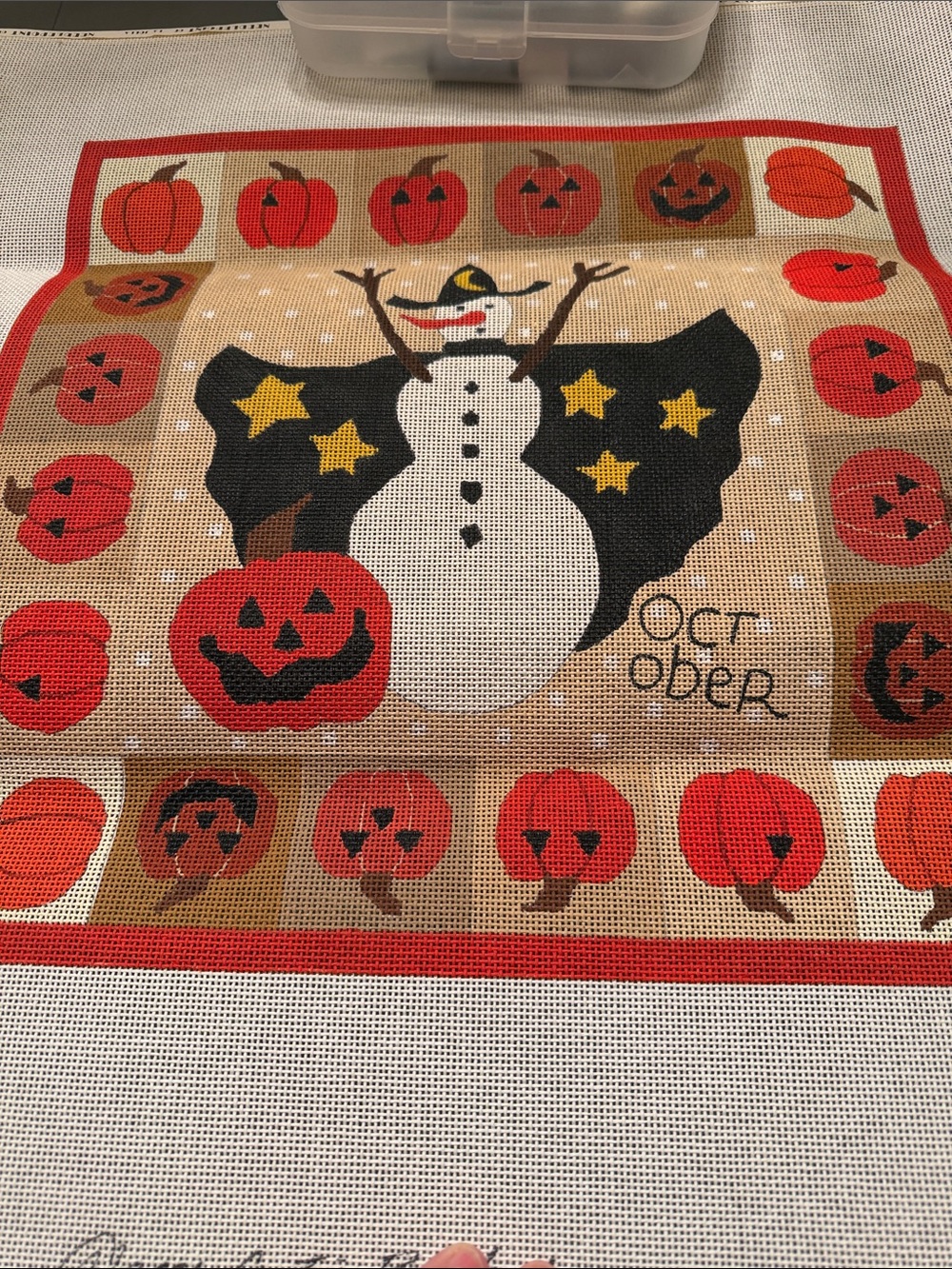 hand-painted needlepoint canvas snowman dressed witch jack-o'-lantern border.🐈‍⬛